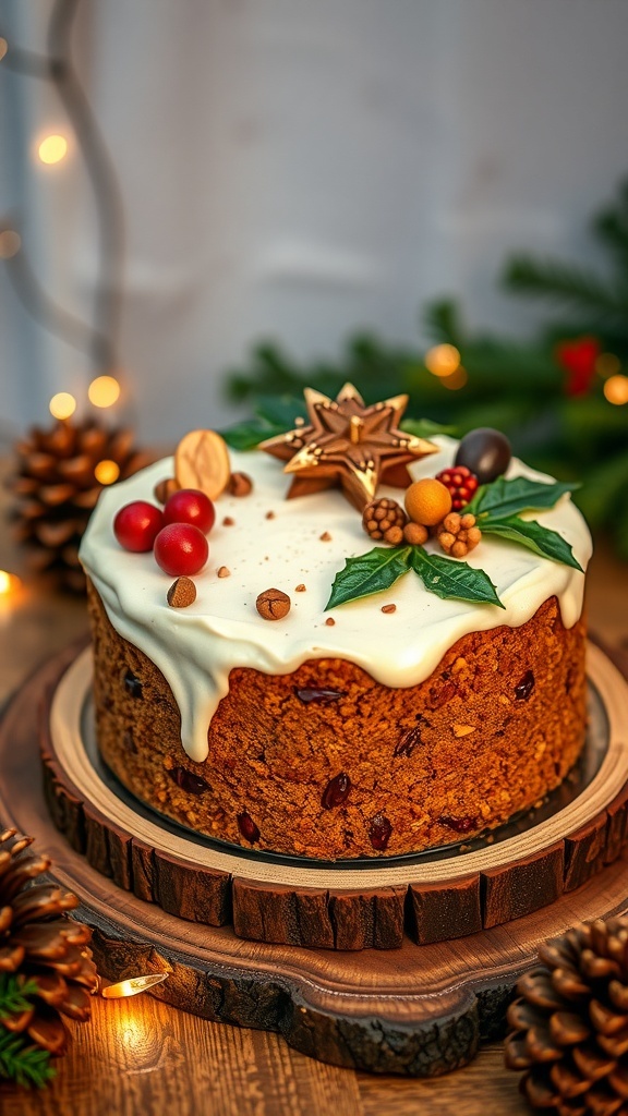 A festive spiced Christmas cake decorated with icing, dried fruits, and nuts on a wooden table with holiday decorations.